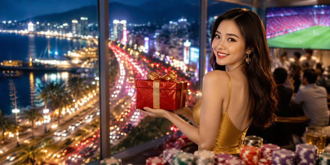 Màn hình slot game sôi động với đèn neon rực rỡ tại Nha Trang về đêm